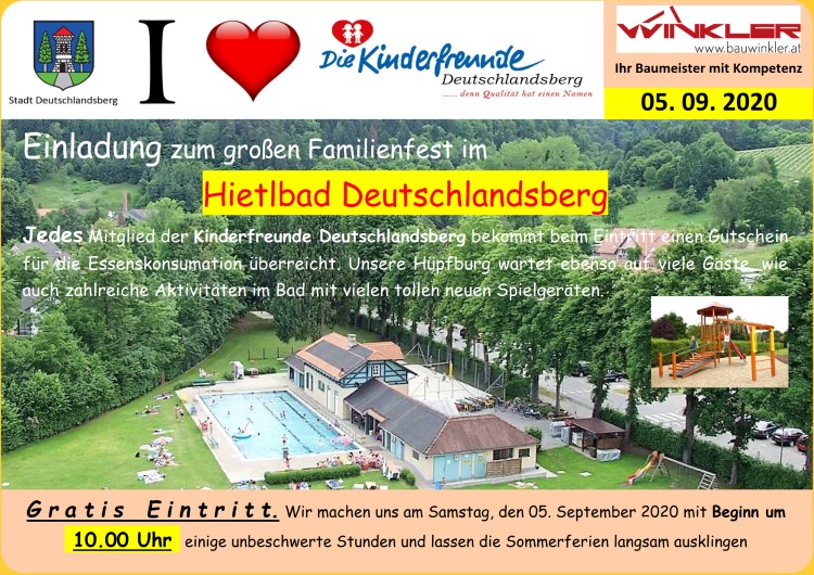 Einladung zum großen Familienfest im Hietlbad Deutschlandsberg am 5. September 2020 mit Beginn um 10:00 Uhr!