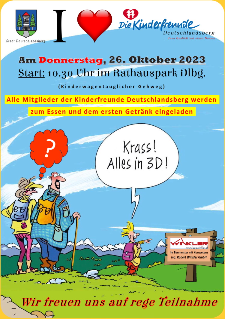 Einladung zum Familienwanderspaziergang am Donnerstag, 26. Oktober 2023.
     Treffpunkt um 10:30 Uhr im Rathauspark Deutschlandsberg.