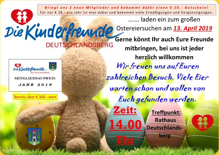 Wir laden ein zum großen Ostereiersuchen am 13. April 2019 um 14 Uhr beim Rathaus Deutschlandsberg.