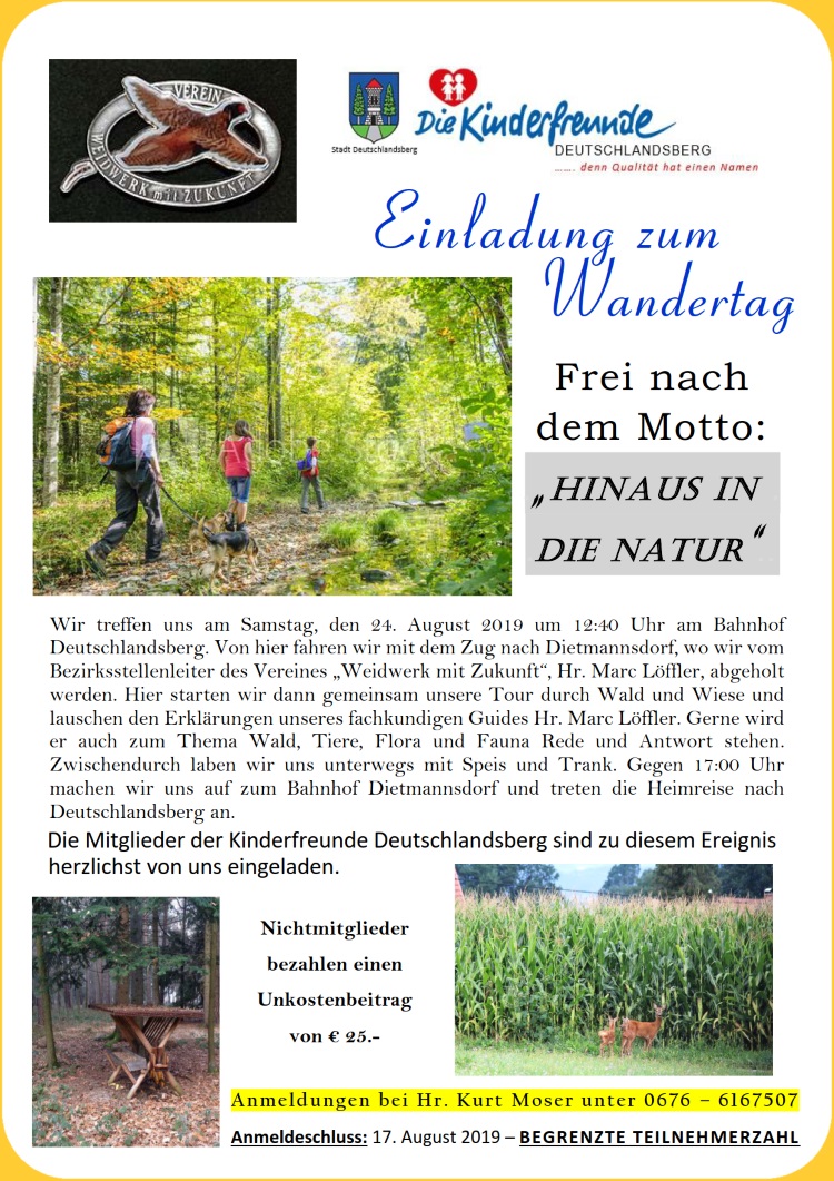 Einladung zum Wandertag am 24. August 2019 um 12:40 Uhr am Bahnhof Deutschlandsberg.